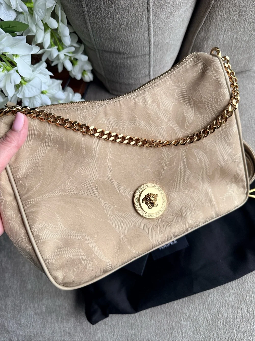 Versace Beige Floral Paisley Nylon Shoulder Crossbody Bag with Gold Chain New
